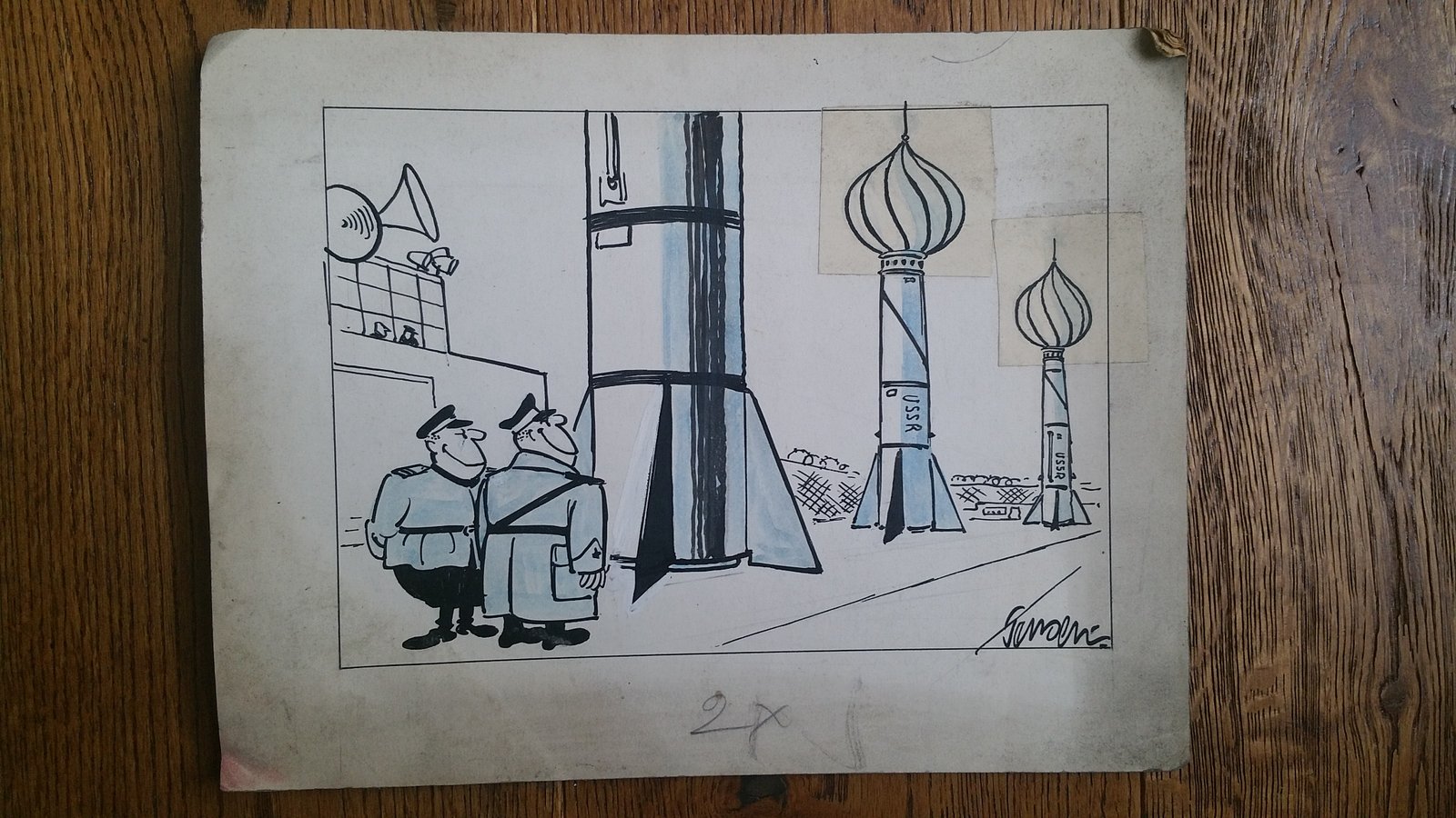 USSR Rocket Test — original ink and wash illustration by John Jensen